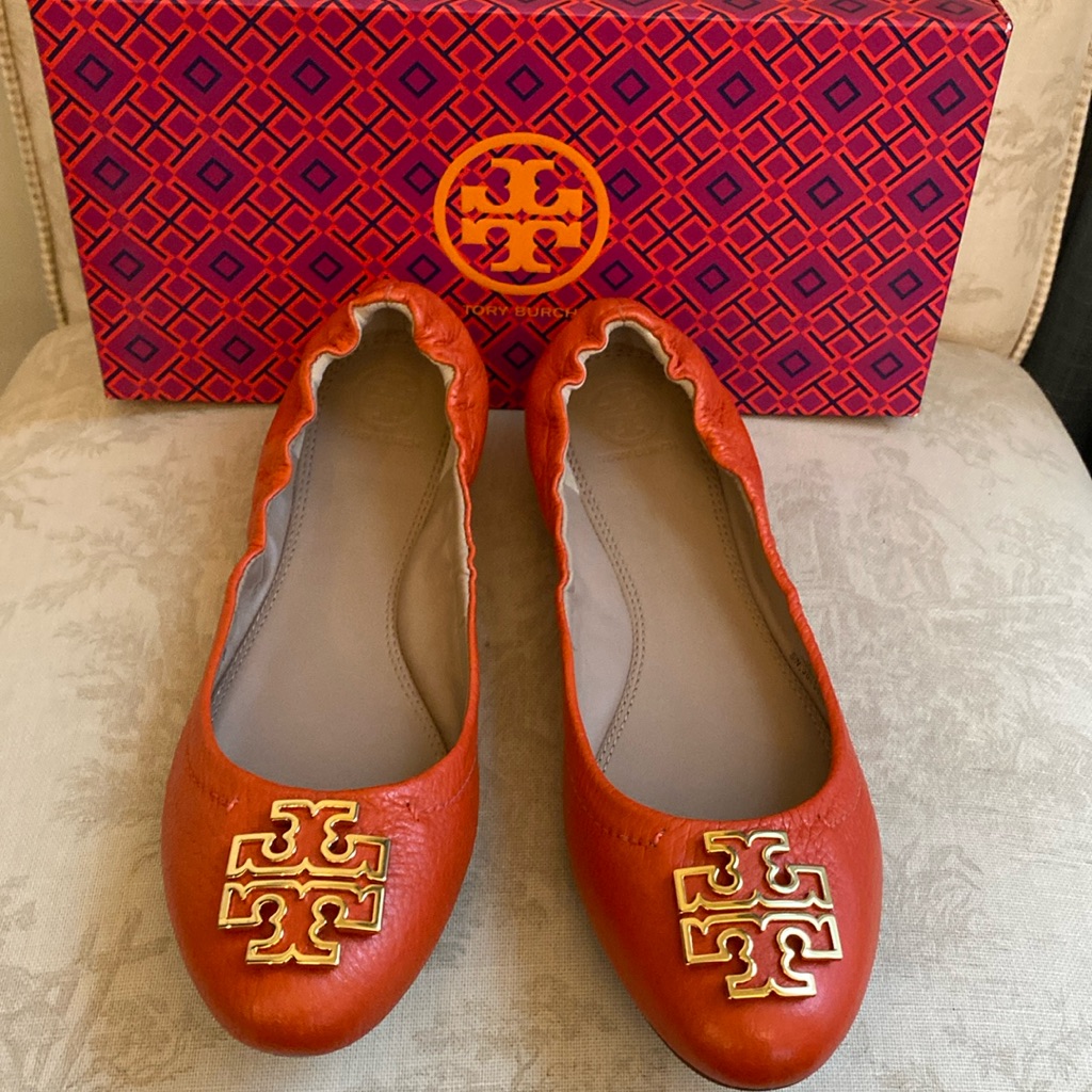 Tory Burch Orange Flats With Gold Logo